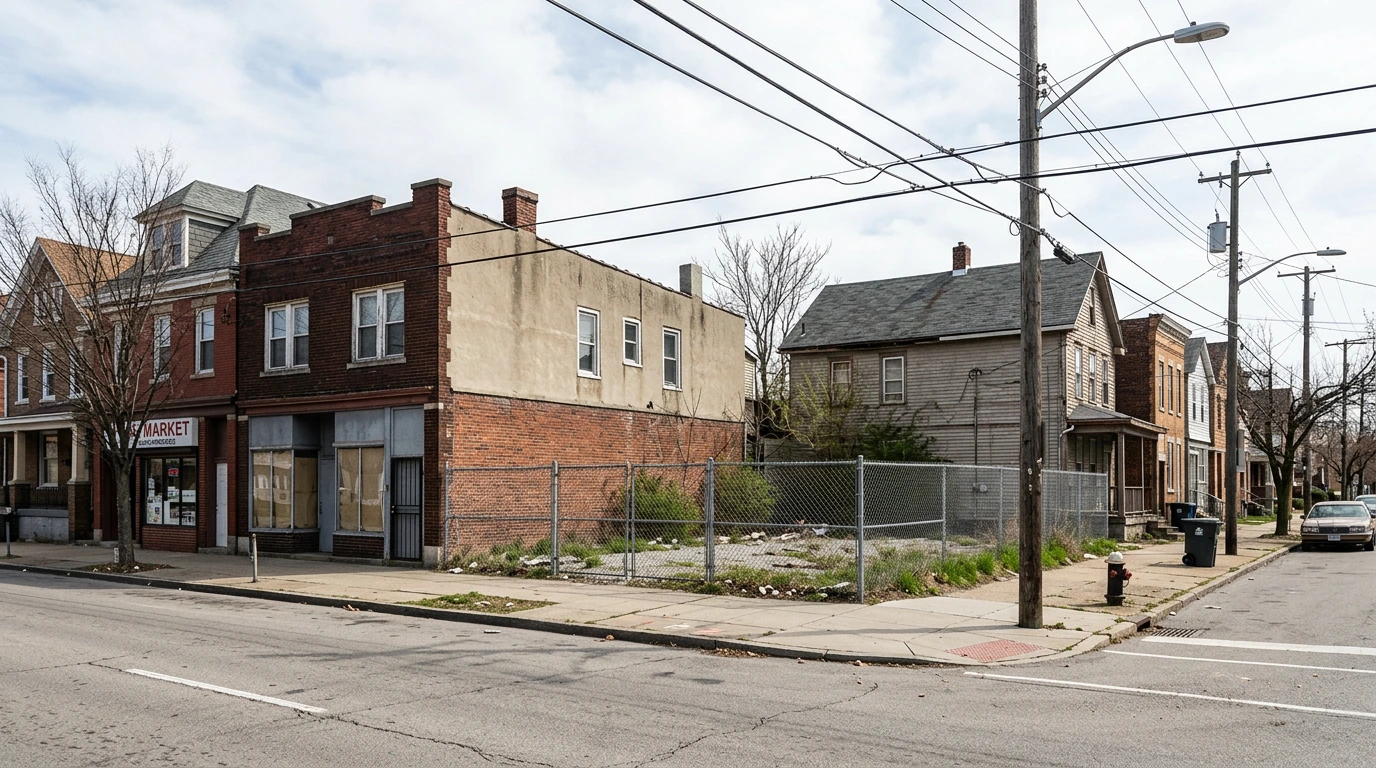 An empty lot representing housing opportunity, redevelopment potential, and community investment